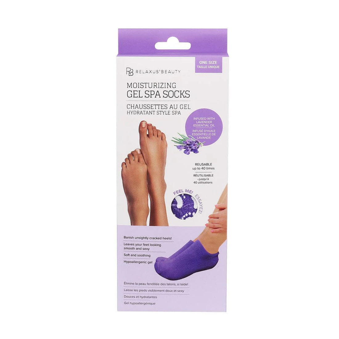 Packaging of moisturizing gel spa socks with a purple design on a white background - okotoks hc pharmacy