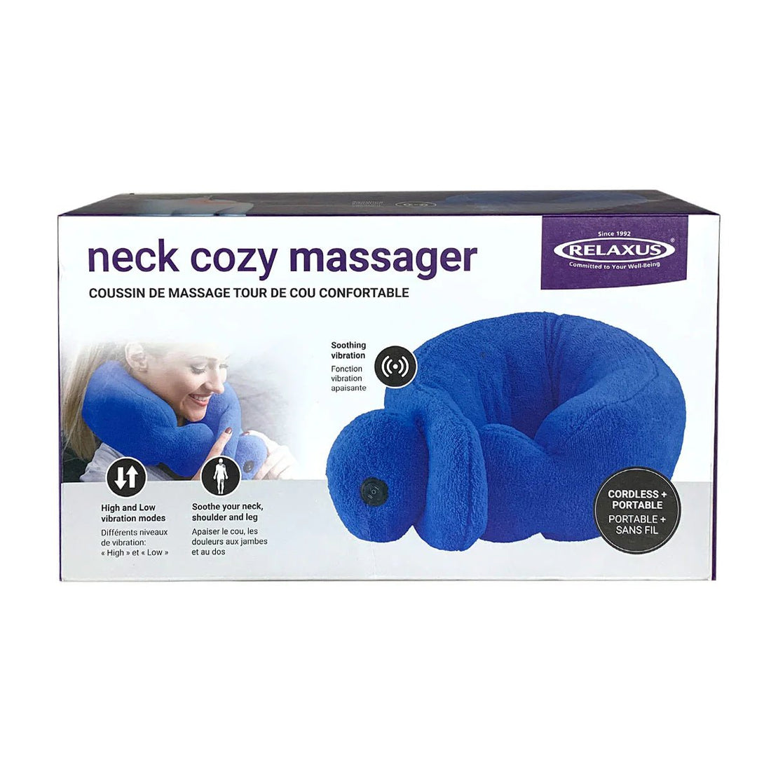 Box of a neck cozy massager with blue massager and branding on a white background - okotoks hc pharmacy