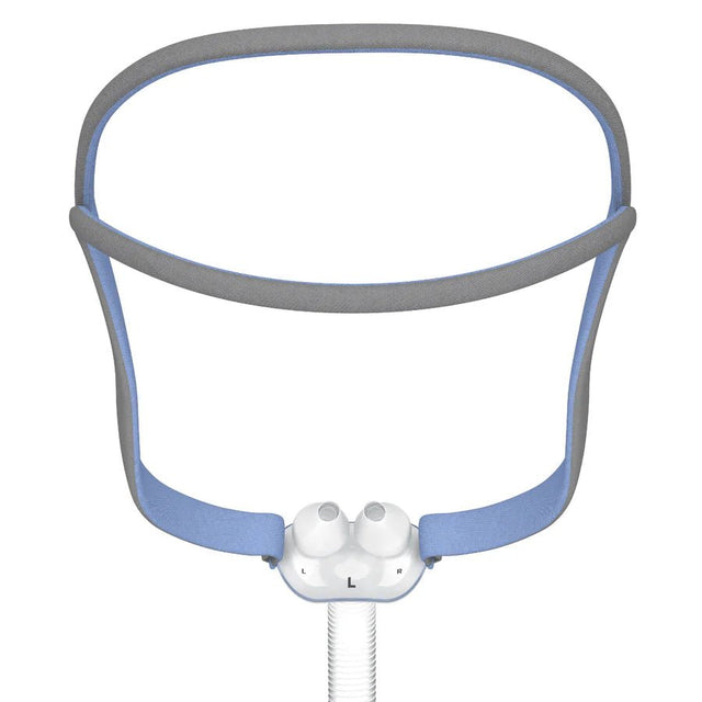 CPAP mask with gray and blue straps and white base on a white background - okotoks hc pharmacy
