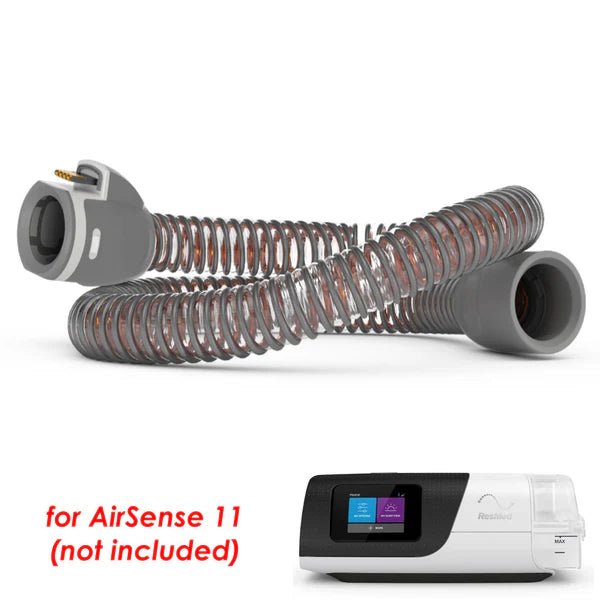 CPAP hose and machine on a white background with text indicating compatibility. - okotoks hc pharmacy