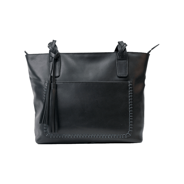 Black leather handbag with tassel on a white background - okotoks hc pharmacy