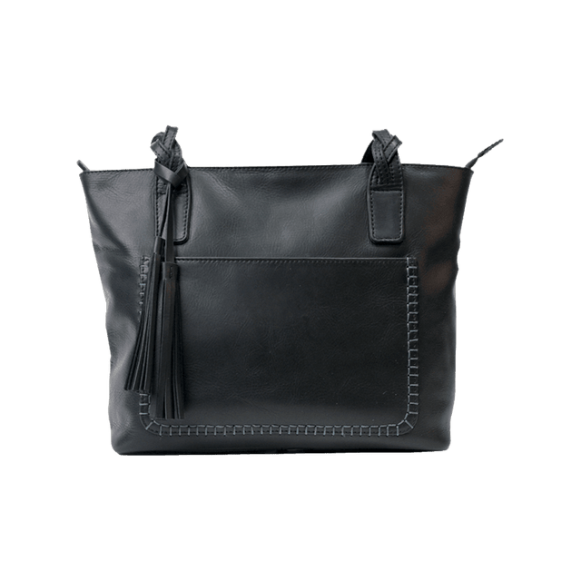 Black leather handbag with tassel on a white background - okotoks hc pharmacy