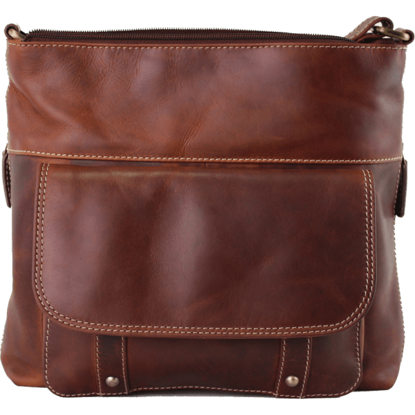 Brown leather bag with visible stitching on a white background - okotoks hc pharmacy