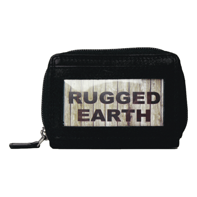 Black zippered wallet with 'Rugged Earth' logo on a white background - okotoks hc pharmacy