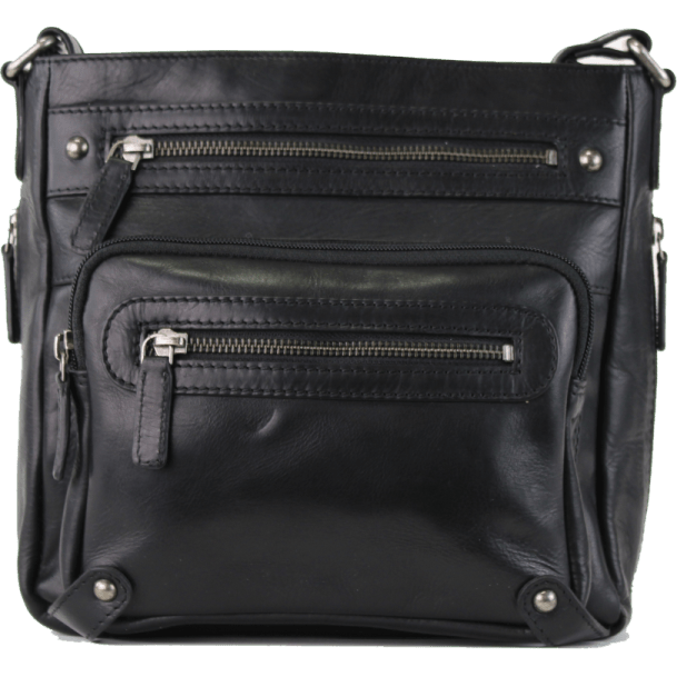 Black leather crossbody bag with multiple zippers on a white background - okotoks hc pharmacy