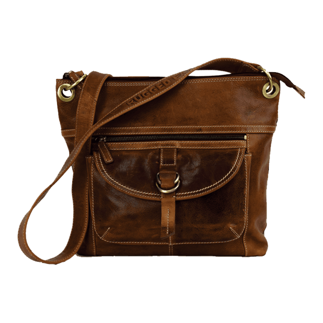 Brown leather crossbody bag on a white background - okotoks hc pharmacy