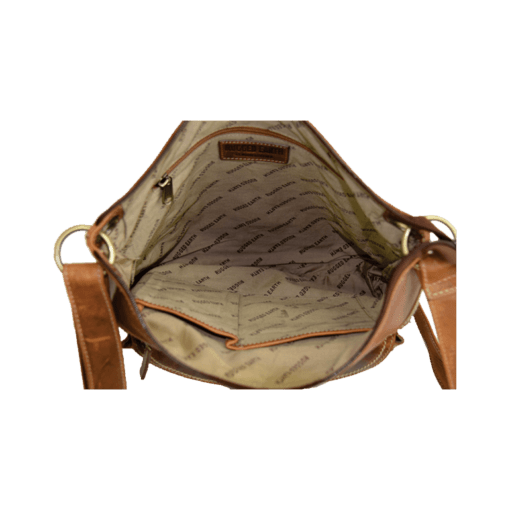 Open brown leather bag with visible brand logo on a white background - okotoks hc pharmacy