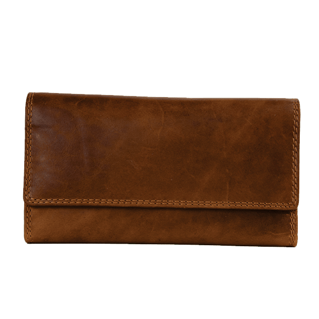 A brown leather wallet with a fold-over flap and visible stitching, photographed against a plain white background. - okotoks hc pharmacy