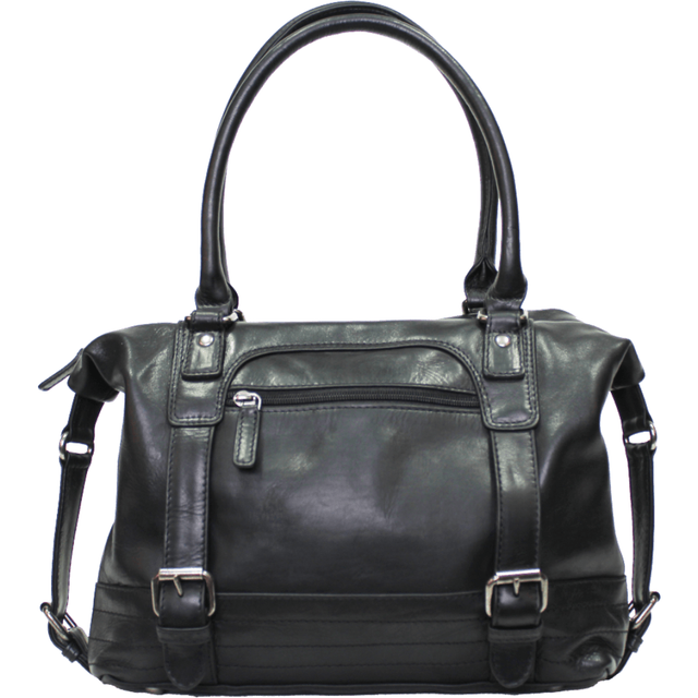 Black leather handbag with multiple pockets and straps on a white background - okotoks hc pharmacy