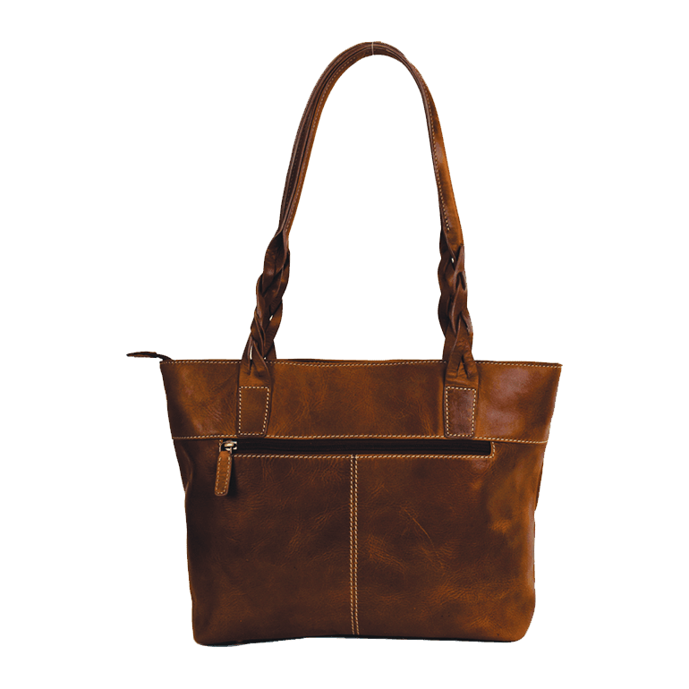 Brown leather handbag with braided handle on a white background - okotoks hc pharmacy