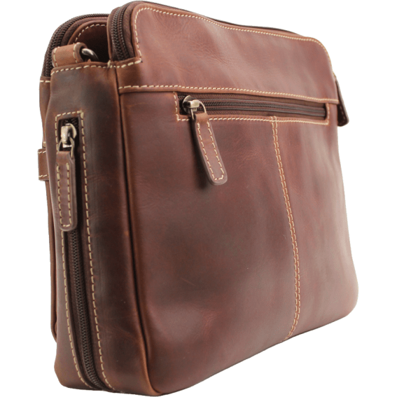 Brown leather bag with zippers on a white background - okotoks hc pharmacy