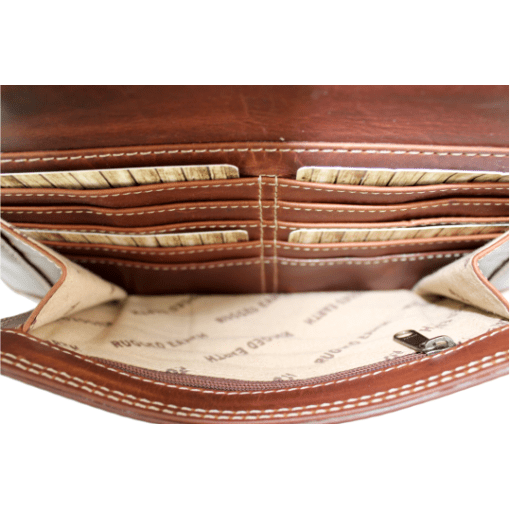 Brown leather wallet with visible stitching and brand name on a white background - okotoks hc pharmacy