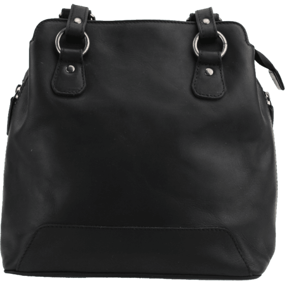 Black leather handbag with silver rings on a white background - okotoks hc pharmacy