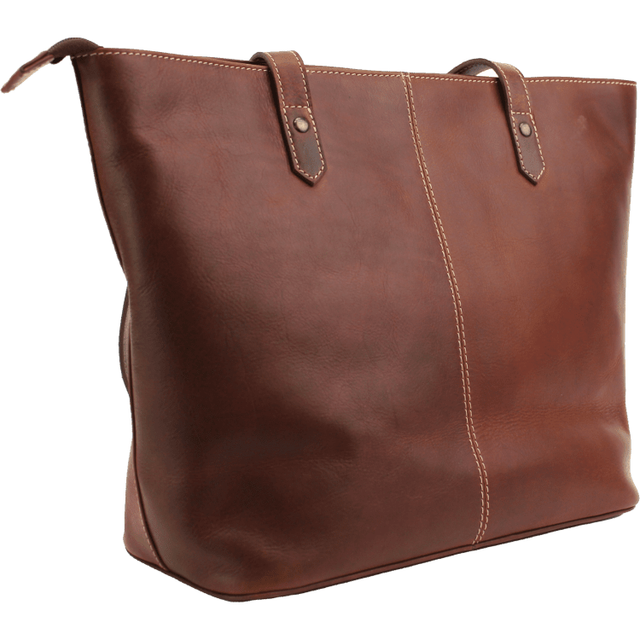 Brown leather tote bag on a white background - okotoks hc pharmacy