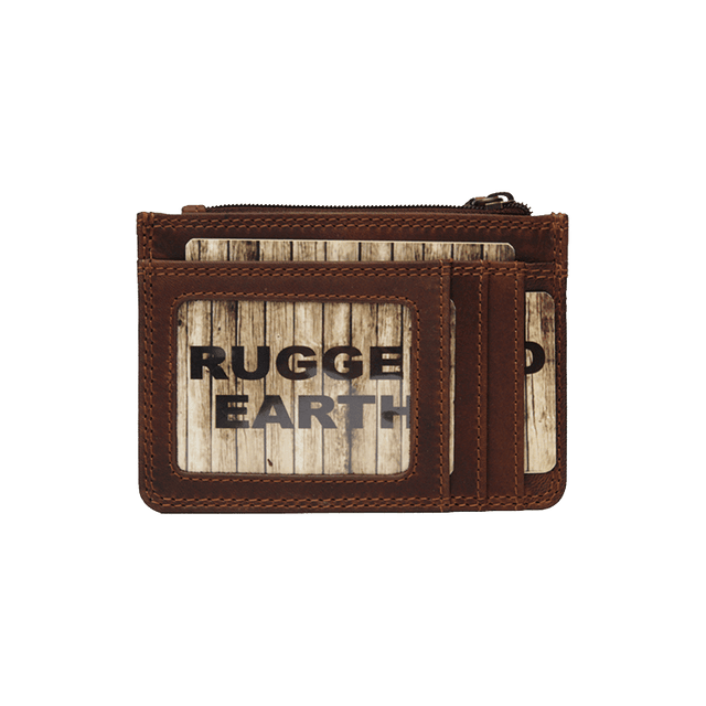 Brown leather wallet with wooden panel design and 'Rugge Earth' branding on a white background - okotoks hc pharmacy