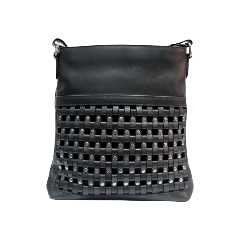 Black leather handbag with woven pattern on a black background - okotoks hc pharmacy