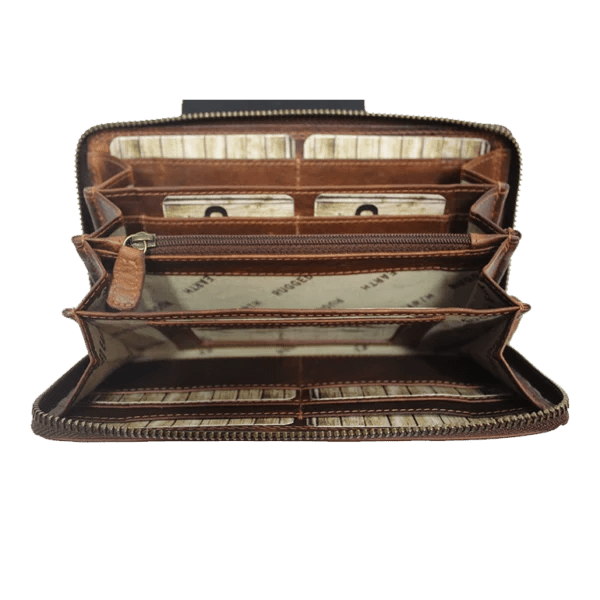 An open brown leather wallet with multiple card slots, zip compartments, and an interior lining - okotoks hc pharmacy