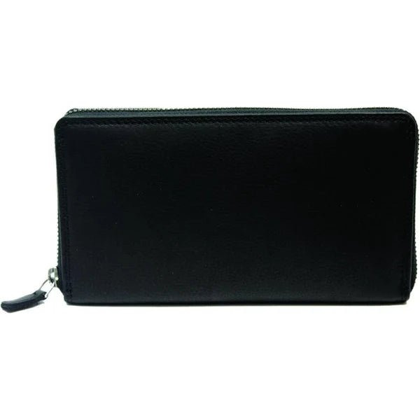 A black leather zip-around wallet shown from the front on a plain white background. - okotoks hc pharmacy