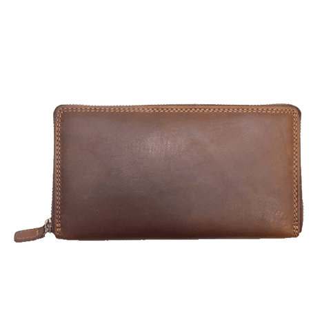 A brown leather zip-around wallet with visible stitching and a small leather pull tab, shown against a plain white background. - okotoks hc pharmacy
