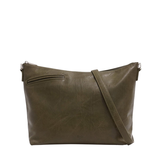 Green leather shoulder bag on a white background - okotoks hc pharmacy
