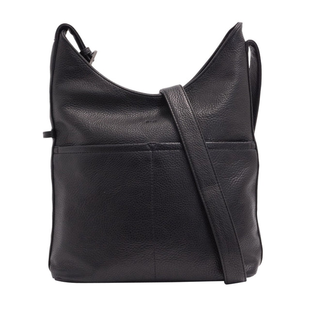 Black leather shoulder bag on a white background - okotoks hc pharmacy