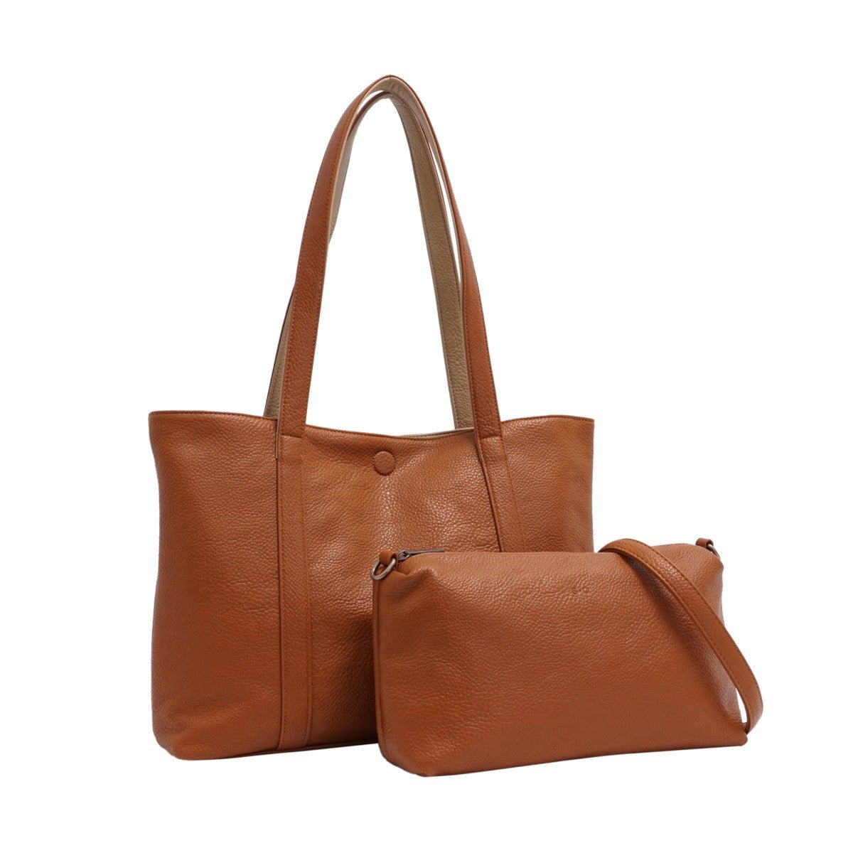 Brown leather tote and matching crossbody bag on a white background - okotoks hc pharmacy