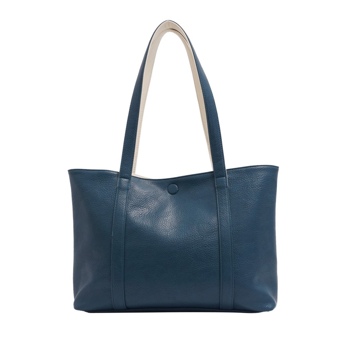 Blue leather tote bag with a white handle on a white background - okotoks hc pharmacy