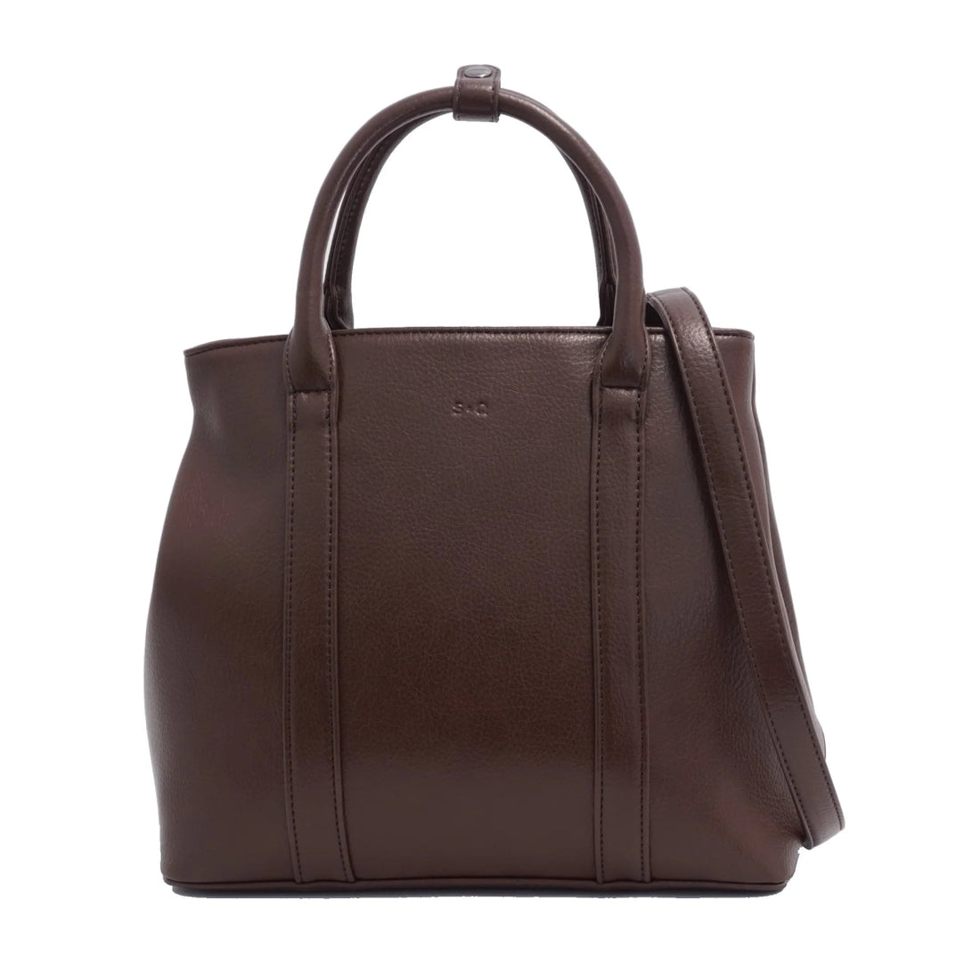 Brown leather handbag on a white background - okotoks hc pharmacy