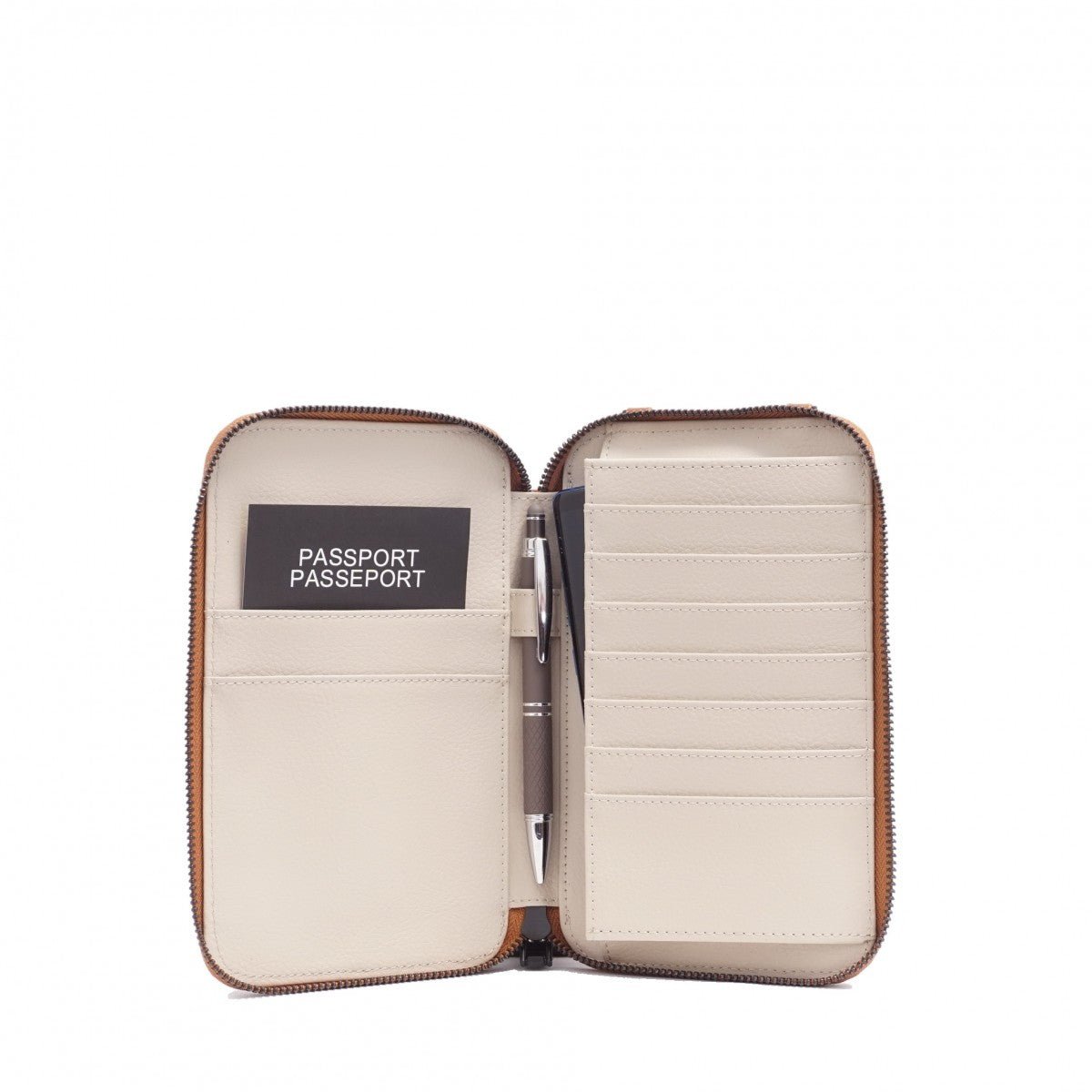 Beige travel wallet with a passport slot on a white background - okotoks hc pharmacy