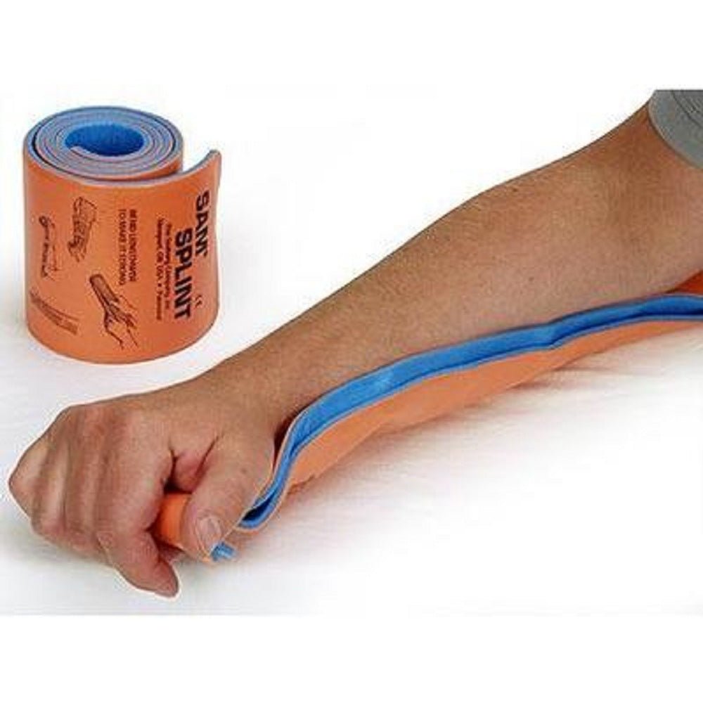Orange and blue splint being applied to a person's arm on a white background - okotoks hc pharmacy