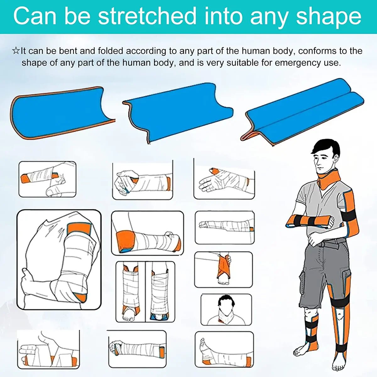 Illustration of a blue bandage roll and its applications on a person, with text indicating flexibility and emergency use. - okotoks hc pharmacy