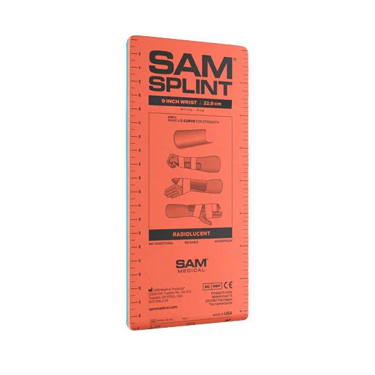 SAM Splint packaging with orange background and black text on a white background - okotoks hc pharmacy