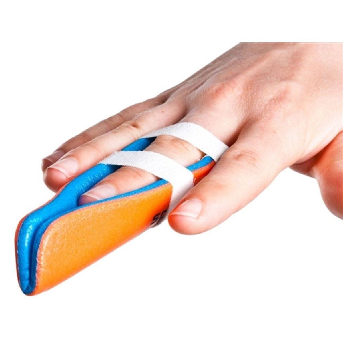 Hand with a blue and orange splint on a white background - okotoks hc pharmacy