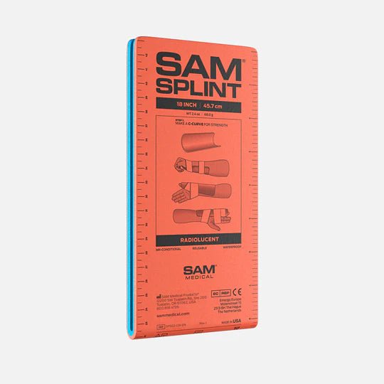 SAM splint packaging with orange front and blue side on a white background - okotoks hc pharmacy