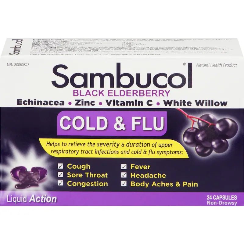 Sambucol Black Elderberry Cold & Flu supplement packaging with purple and white design. - okotoks hc pharmacy