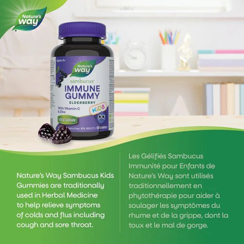 Nature's Way Sambucus Kids Immune Gummy bottle on a table with a green banner and product description. - okotoks hc pharmacy