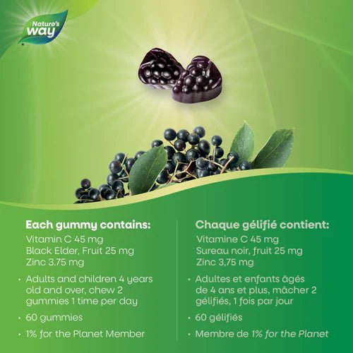 Nature's Way gummy supplement packaging with black elderberries on a green background - okotoks hc pharmacy
