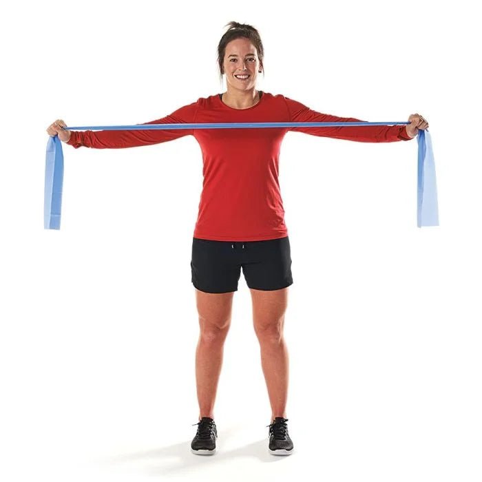 Person using a resistance band on a white background - okotoks hc pharmacy