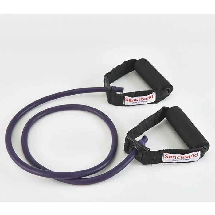 Purple resistance band with black handles on a white background, featuring 'Sanctband' branding. - okotoks hc pharmacy