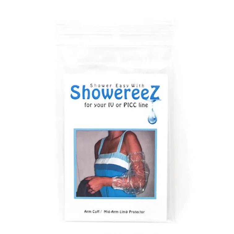 Showereez packaging for showering with IV or PICC line protection, featuring an arm with a protective sleeve. - okotoks hc pharmacy