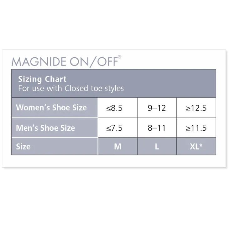 Sizing chart for Magnide On/Off shoe sizes on a white background - okotoks hc pharmacy