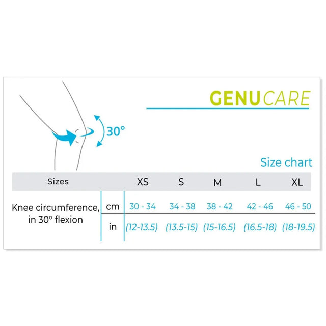 Genucare size chart for knee circumference measurement with flexion angle - Okotoks HC Pharmacy