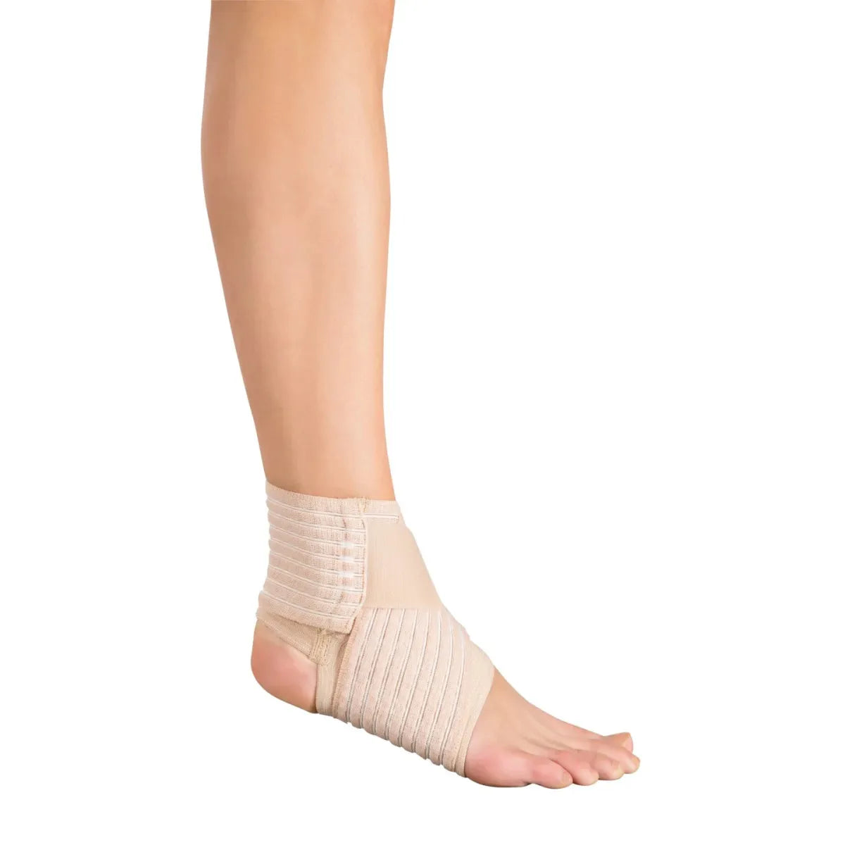 Beige ankle support brace on a person's foot against a white background - Okotoks HC Pharmacy