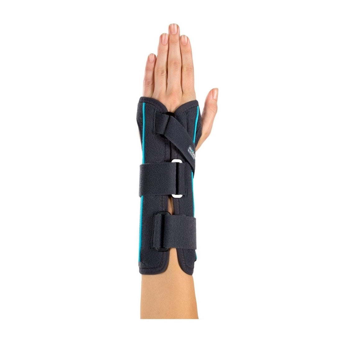 Hand with a black wrist support brace on a white background - okotoks hc pharmacy