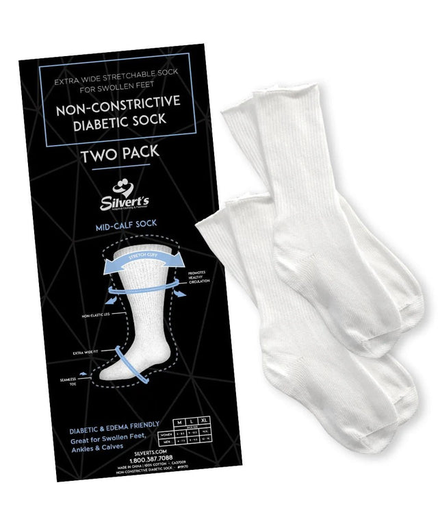 Two white diabetic socks with a black and white packaging label on a white background - okotoks hc pharmacy