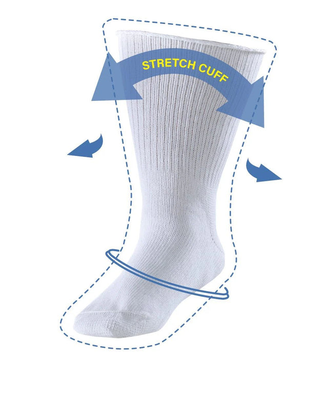 White sock with 'Stretch Cuff' label and blue arrows on a white background - okotoks hc pharmacy