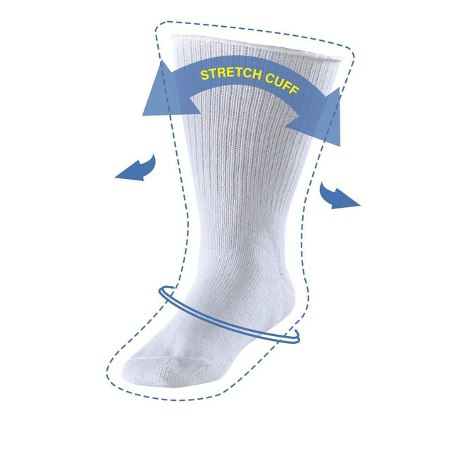 White sock with 'Stretch Cuff' label and blue arrows on a white background - okotoks hc pharmacy