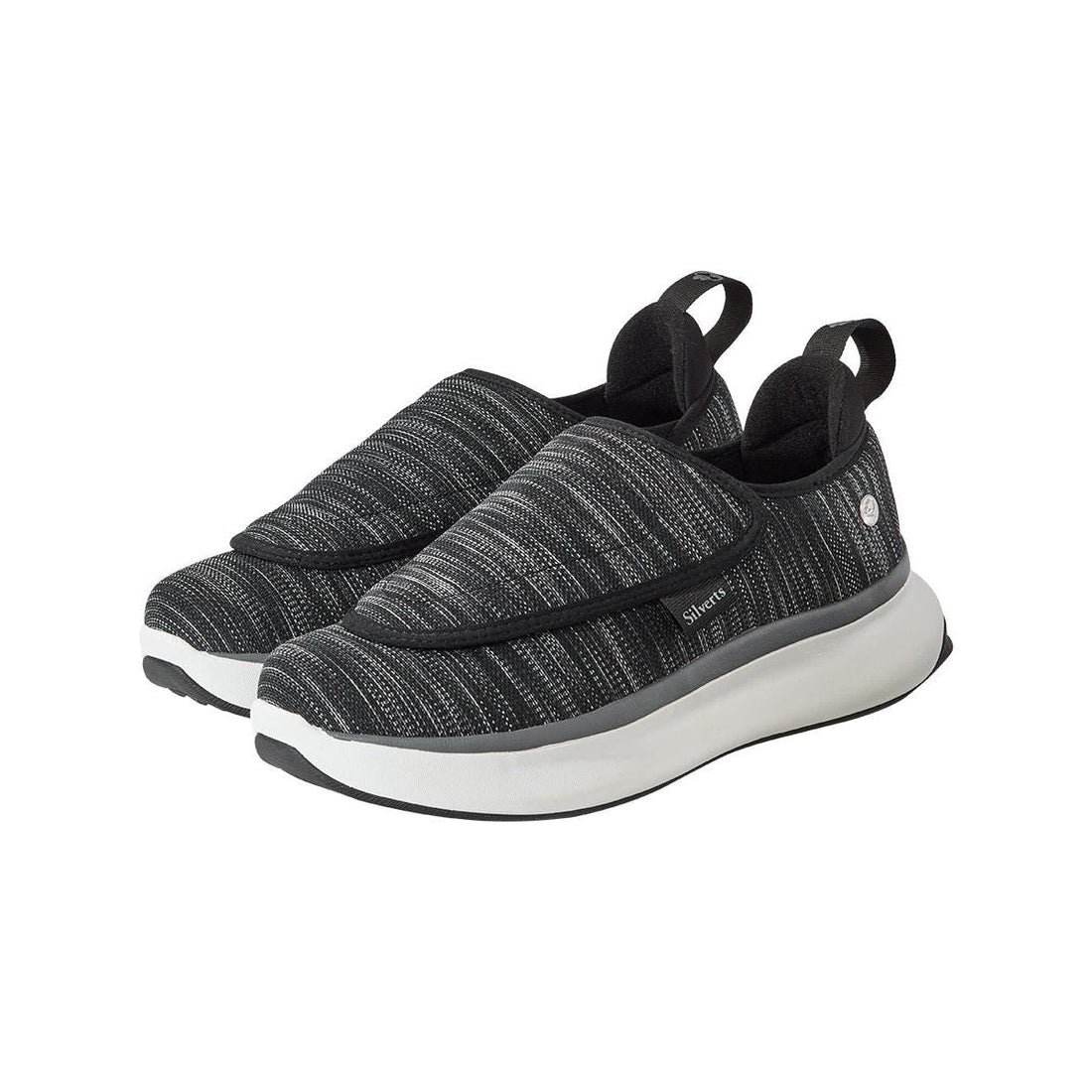 Pair of black and gray slip-on sneakers on a white background - okotoks hc pharmacy