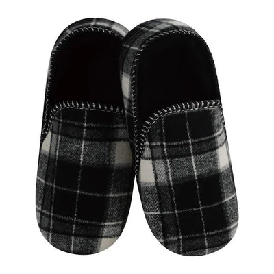 Pair of black and gray plaid slippers on a white background - okotoks hc pharmacy