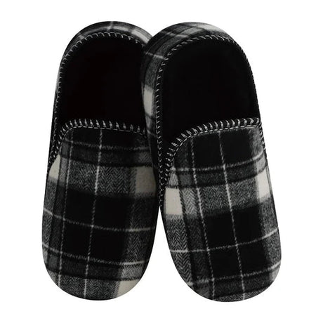 Pair of black and gray plaid slippers on a white background - okotoks hc pharmacy